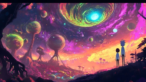 Vibrant alien landscape with vortex sky observed by silhouetted duo