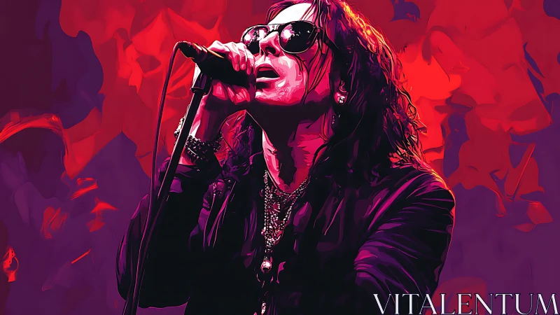 Digital portrait shows singer performing with microphone stand