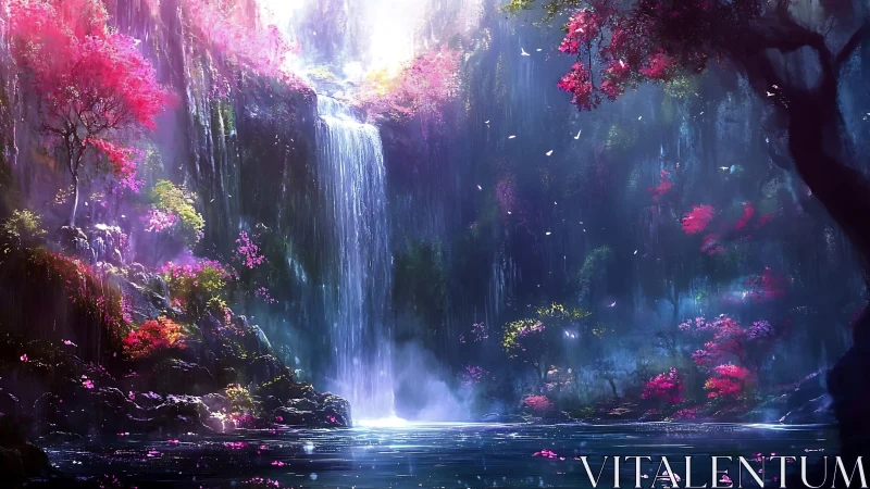 Spectral cascade in bioluminescent ravine ecosystem at dusk.