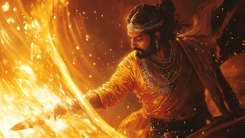 Warrior prince controls swirling golden fire in battle.