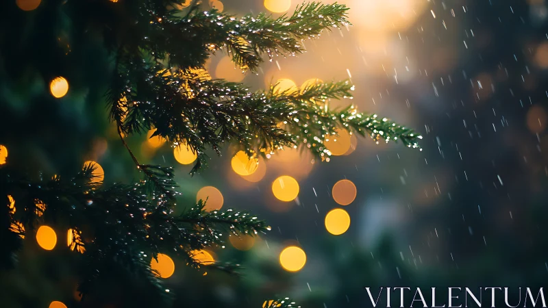 Rain-kissed evergreen boughs basking in golden twilight glow.