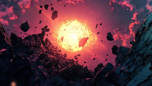 Stellar detonation over fractured asteroids in vivid nebula sky.
