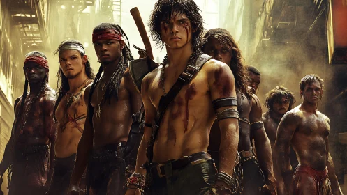 Group of armed young men in narrow sunlit alleyway scene.