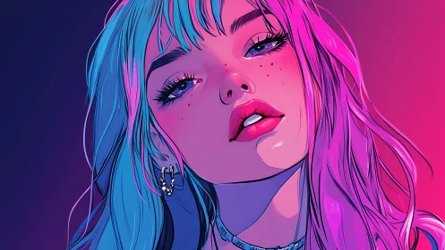 Neon lit girl portrait with bold pink and blue lighting.