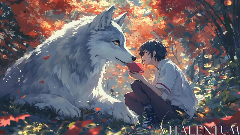 Boy shares red book with giant white wolf in forest scene