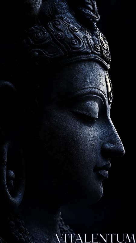 Low key sculptural profile of meditative stone deity bust.