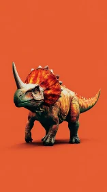 Colorful triceratops render on flat orange studio background.