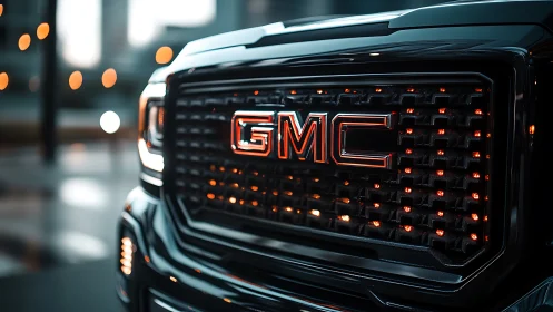 GMC truck grille glows with red LED accents in urban night