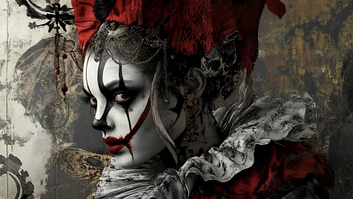 Baroque clown queen in cracked monochrome makeup profile.
