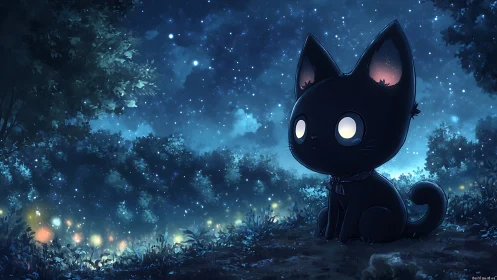 Nocturnal chibi cat under bioluminescent starfield sky.