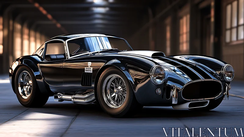 Gleaming black muscle car waits in sunlit warehouse calm