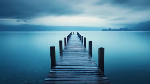 Wooden pier extending into calm blue lake at dusk.