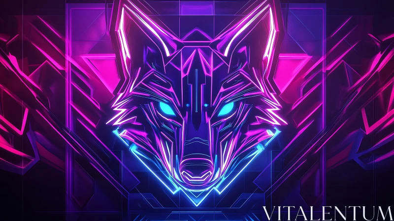 Neon cyber wolf head glows in vivid magenta and cyan light.