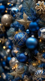 Midnight blue Christmas baubles amid gilded festive glow.