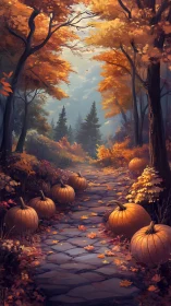 Autumn forest path lined with pumpkins and golden trees.