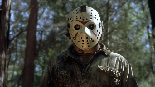 Masked figure in worn clothing standing in forest setting.