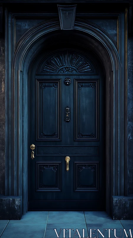 Dark neoclassical door with arched frame and brass hardware.