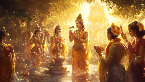 Hindu-style ceremonial gathering in golden forest light.