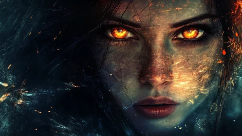 Fiery-eyed sorceress emerges from swirling darkness and embers