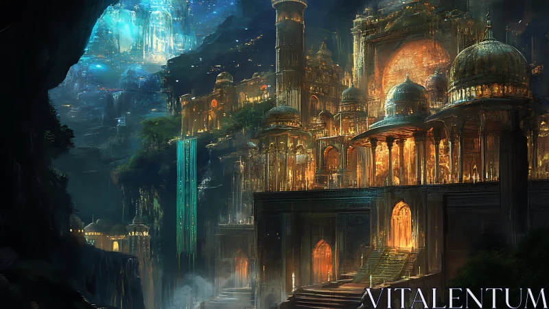 Glowborne cavern citadel of waterfalls and hidden starlight.