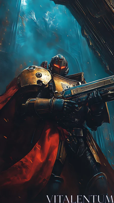 Armored guardian strides forward in a storm of blue fire