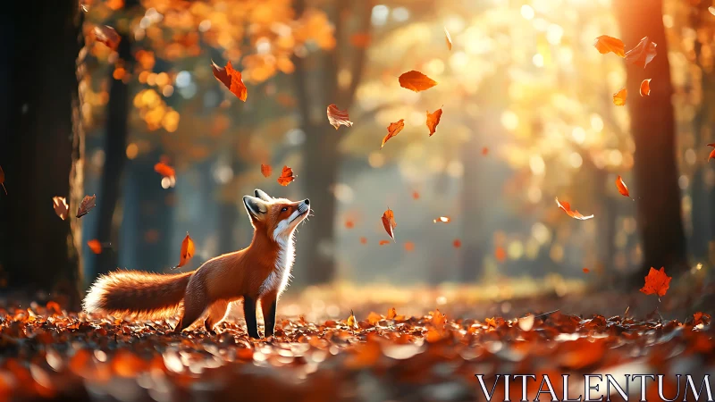 Red fox observes drifting autumn leaves in warm backlight