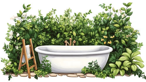 Outdoor soaking tub surrounded by dense green garden plants.