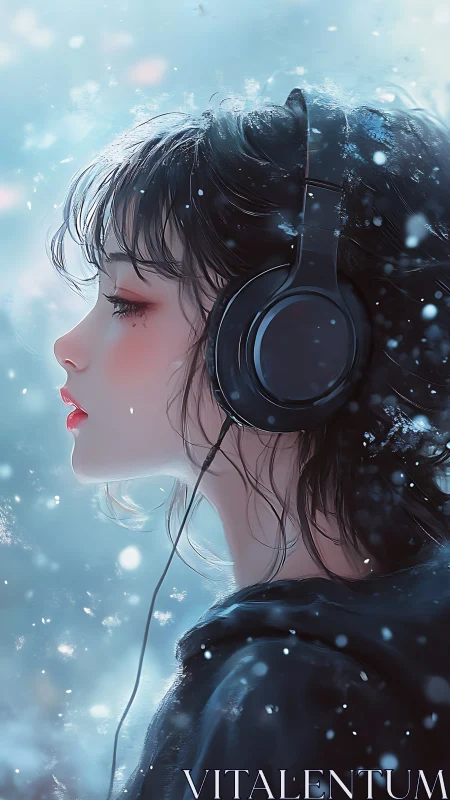 Girl in winter headphones drifts into a soft musical daydream