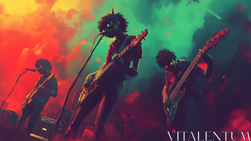 Neon-eyed garage band shredding under toxic sunset skies.