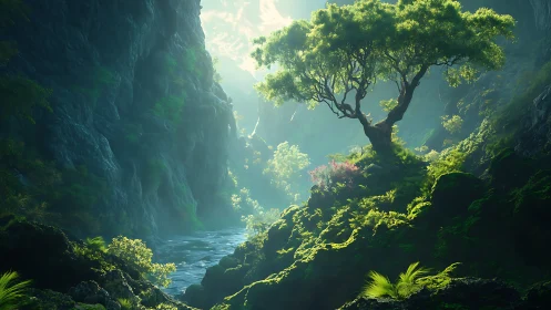 Sunlit moss canyon with solitary tree above river