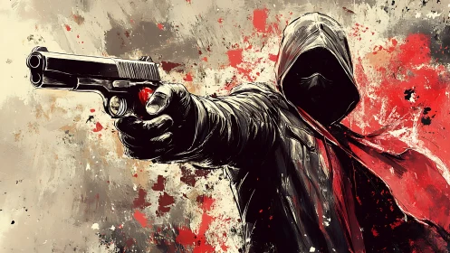Hooded gunman extends pistol amid violent red splashes.