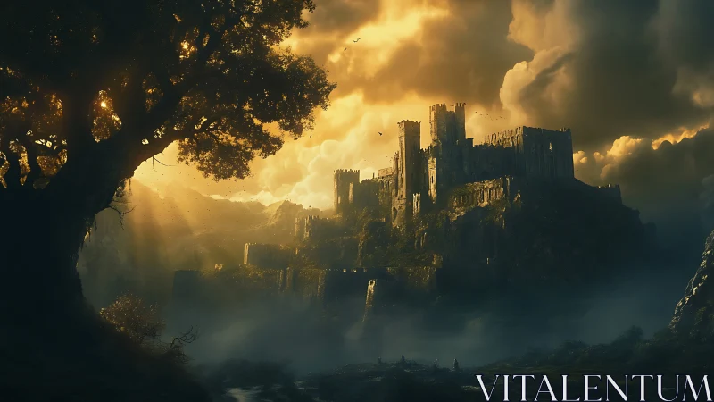 Ruined stone castle on cliff at dramatic golden sunset sky.