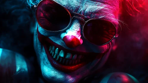 Clown portrait under blue and red neon side lighting.