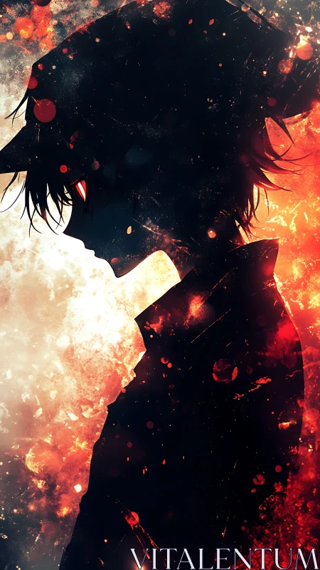 Silhouetted anime figure against explosive fiery contrast.