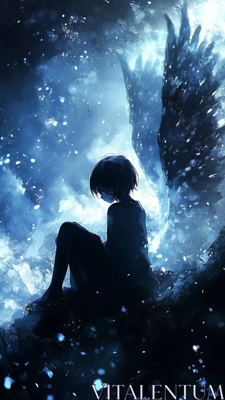 Moonlit fallen angel curls beneath a storm of blue embers.