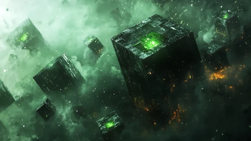 Monolithic cyber cubes rising through toxic emerald fog.