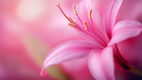 Macro Pink Flower Stamen Detail with Golden Pollen Deposits.