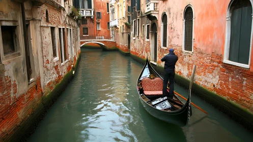 Venetian canal gondola in linear perspective with patinaed masonry.
