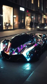Galactic neon supercar on night city street scene.