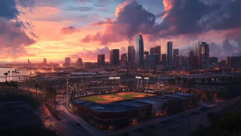 Urban baseball stadium beneath dense sunset city skyline.