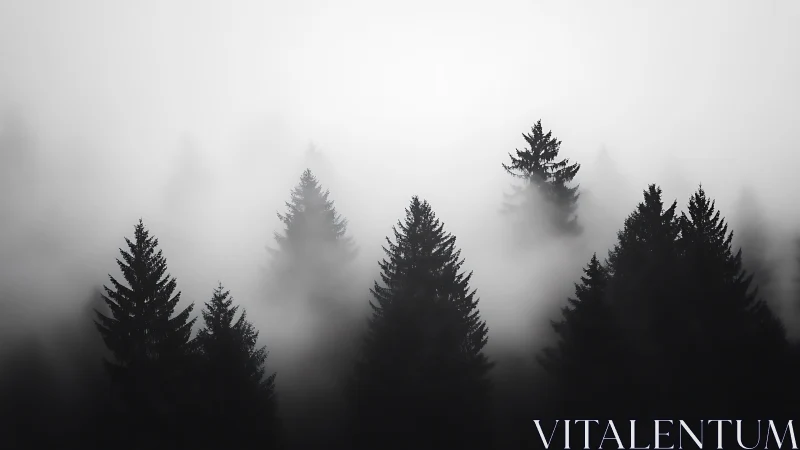 Coniferous treetops emerge through dense low-lying fog
