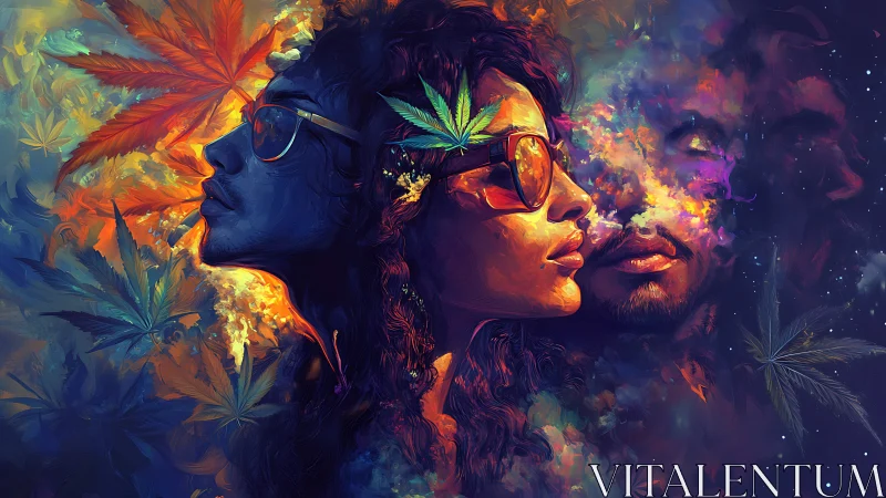 Psychedelic triptych portrait with cannabis leaves and vapor haze