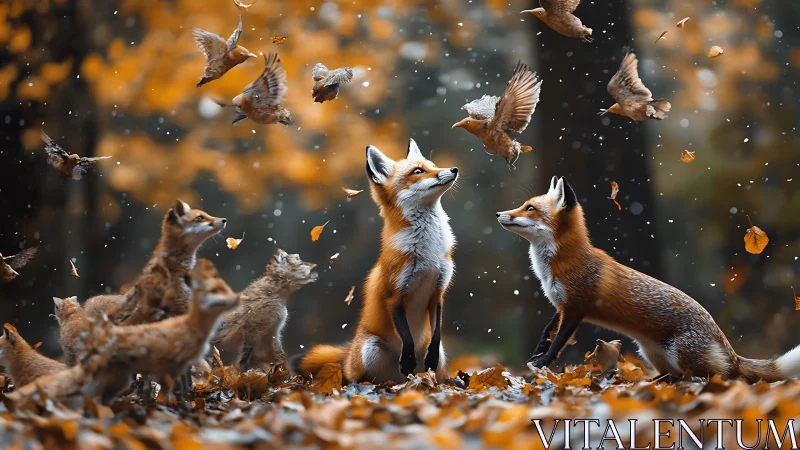 Red fox family and sparrows rendered in high-detail autumnal scene