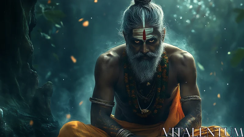 Digital painting of intense ascetic guru in misted forest chamber.