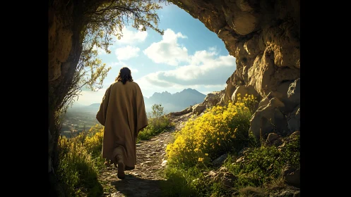 Solitary robed figure walks a sunlit mountain path.