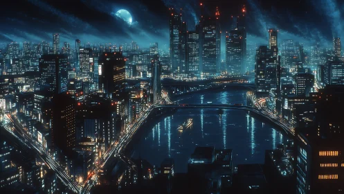 Moonlit futuristic city skyline glowing with river lights.