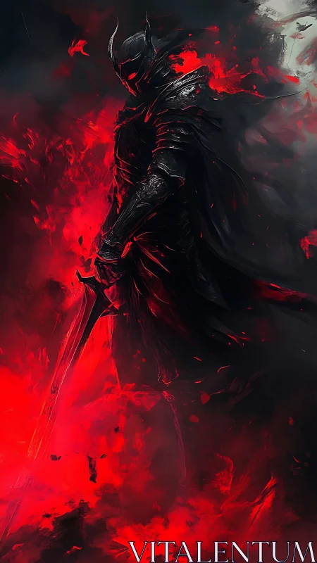 Ashen warlord strides through bloodfire and shadowed embers.