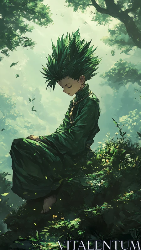 Solitary green-haired youth meditates on sunlit forest ledge
