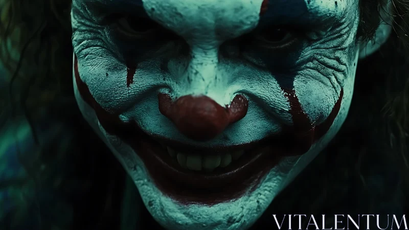 Sinister clown portrait in extreme close-up low key lighting