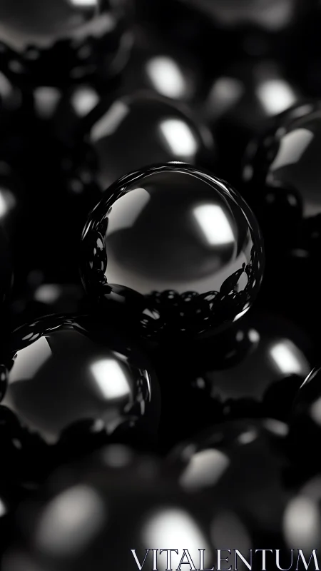 Gleaming black spheres capture soft light in abstract space